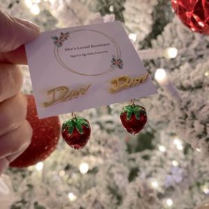 NWT 18k Gold Plated Dior Strawberry Stud Statement Earrings